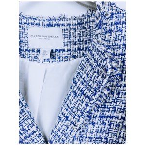 Fringe Tweed Blazer, Blue and White with Silver Metallic Detail, Size Small